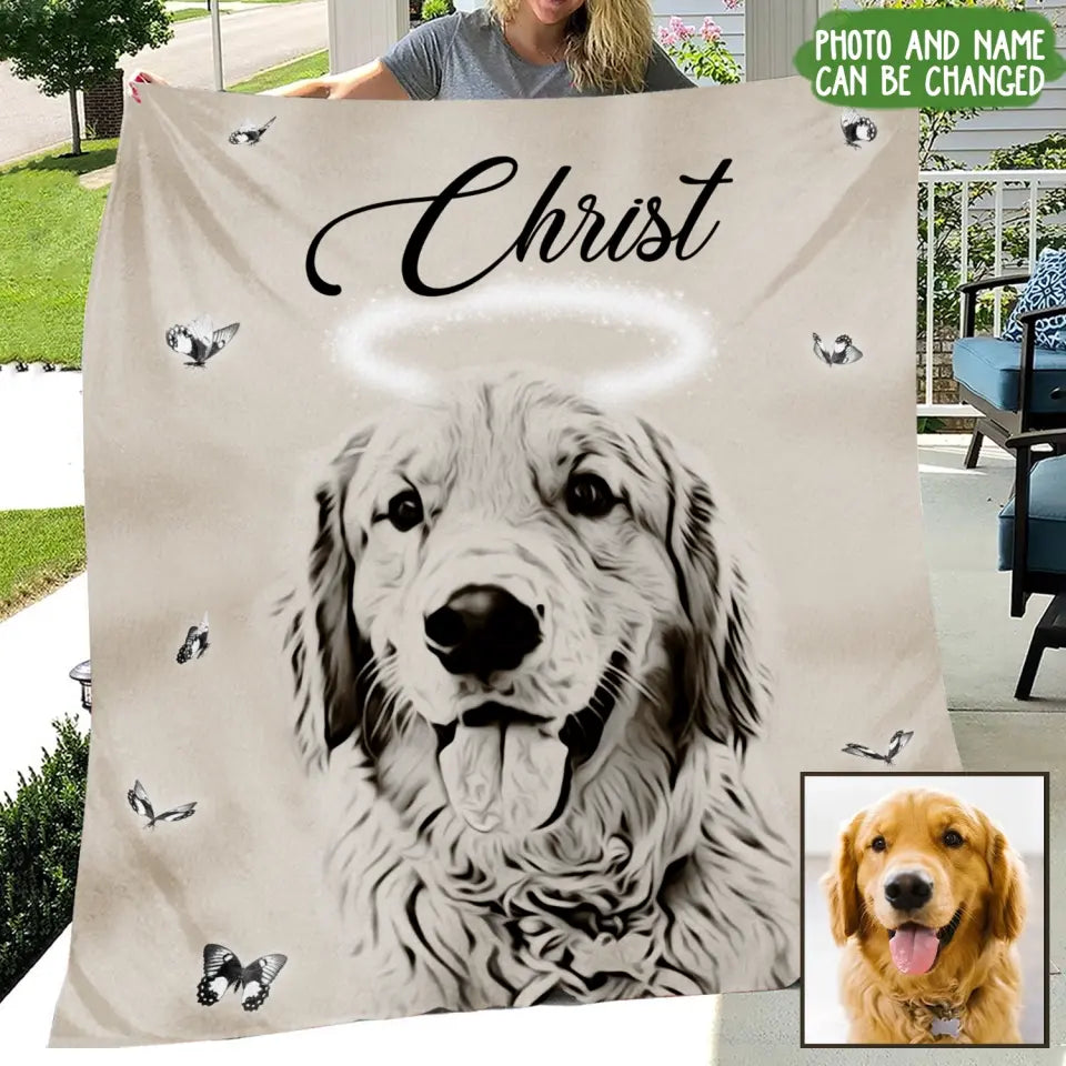 Personalized Memorial Pet Pen Art Portrait Fleece Throw Blanket - Upload Photo - Memorial Gift Idea For Dog/Cat Lover