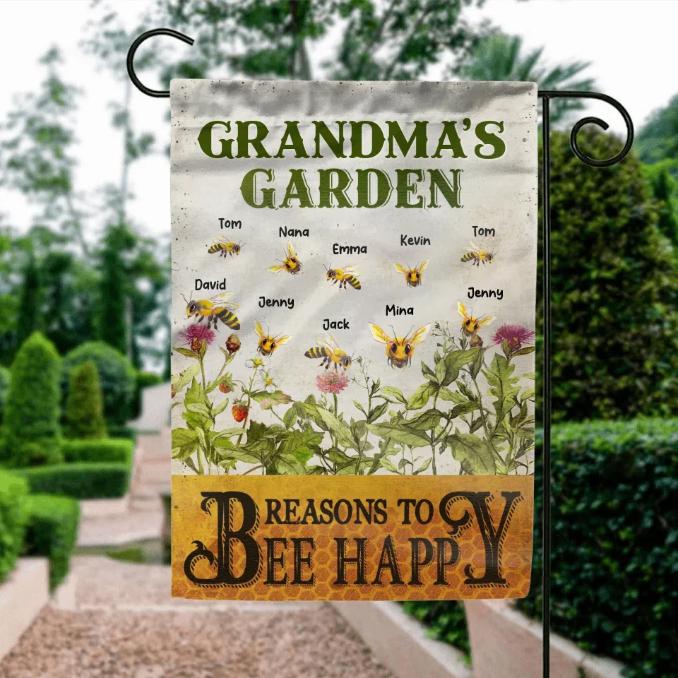Personalized Grandma's Garden Flag Sign - Gift Idea For Grandma - Up to 10 Kids - Reasons To Bee Happy