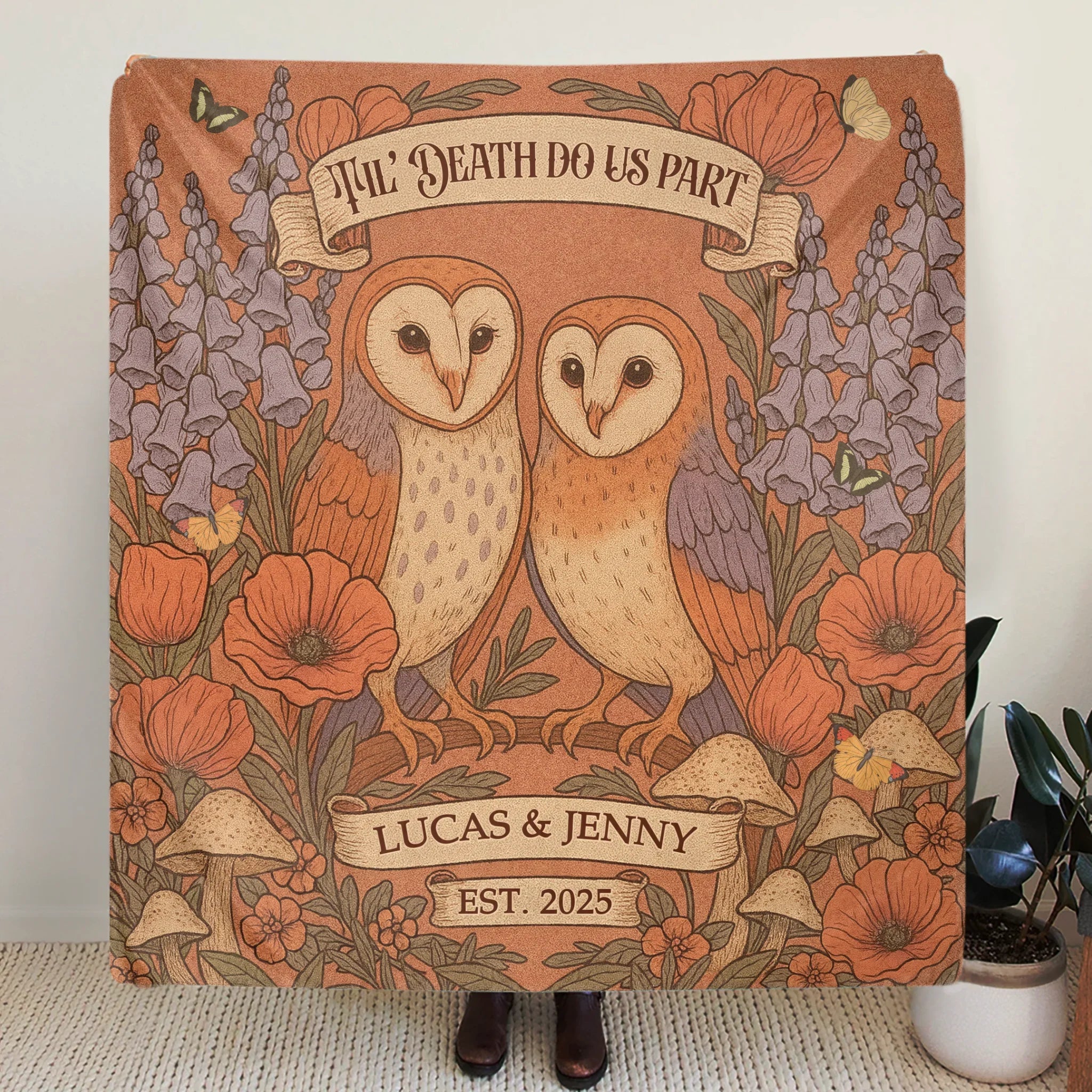 Personalized Owl Couple Cottage Quilt/Fleece Throw Blanket - Gift Idea For Couple - Til' Death Do Us Part