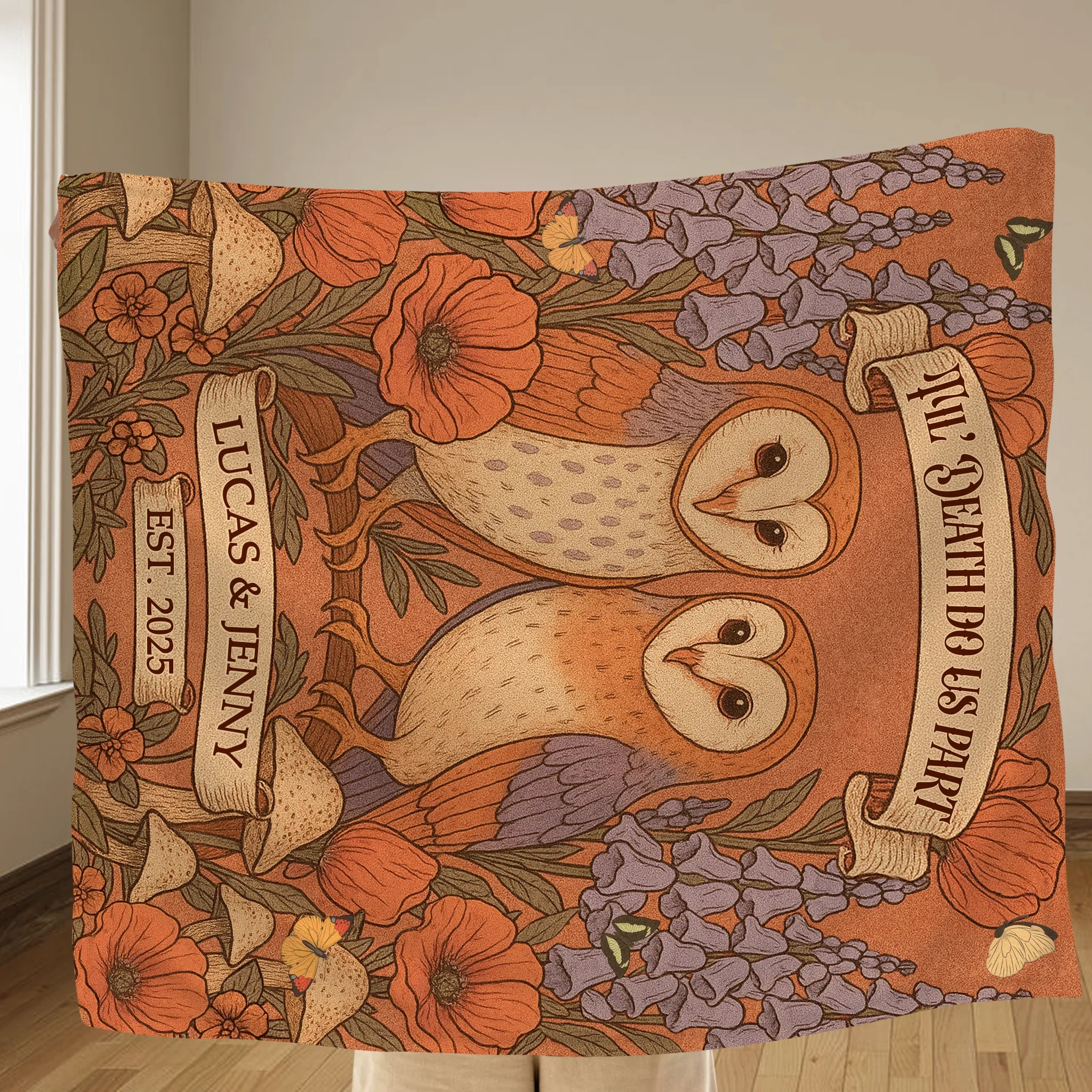 Personalized Owl Couple Cottage Quilt/Fleece Throw Blanket - Gift Idea For Couple - Til' Death Do Us Part