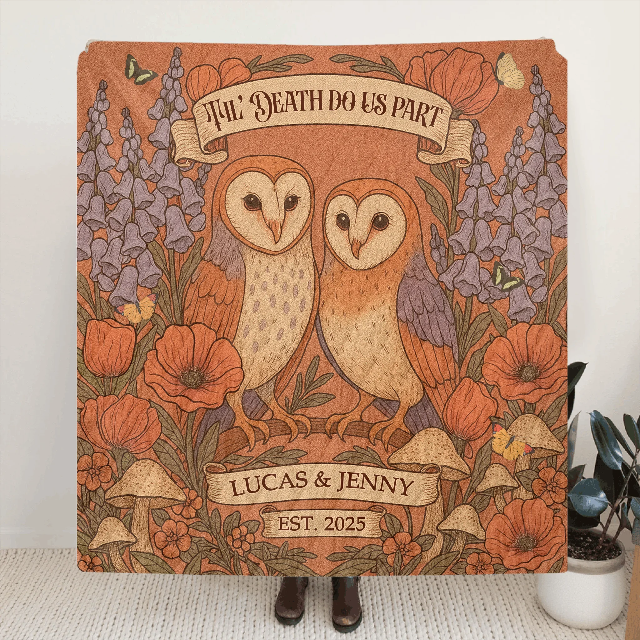 Personalized Owl Couple Cottage Quilt/Fleece Throw Blanket - Gift Idea For Couple - Til' Death Do Us Part