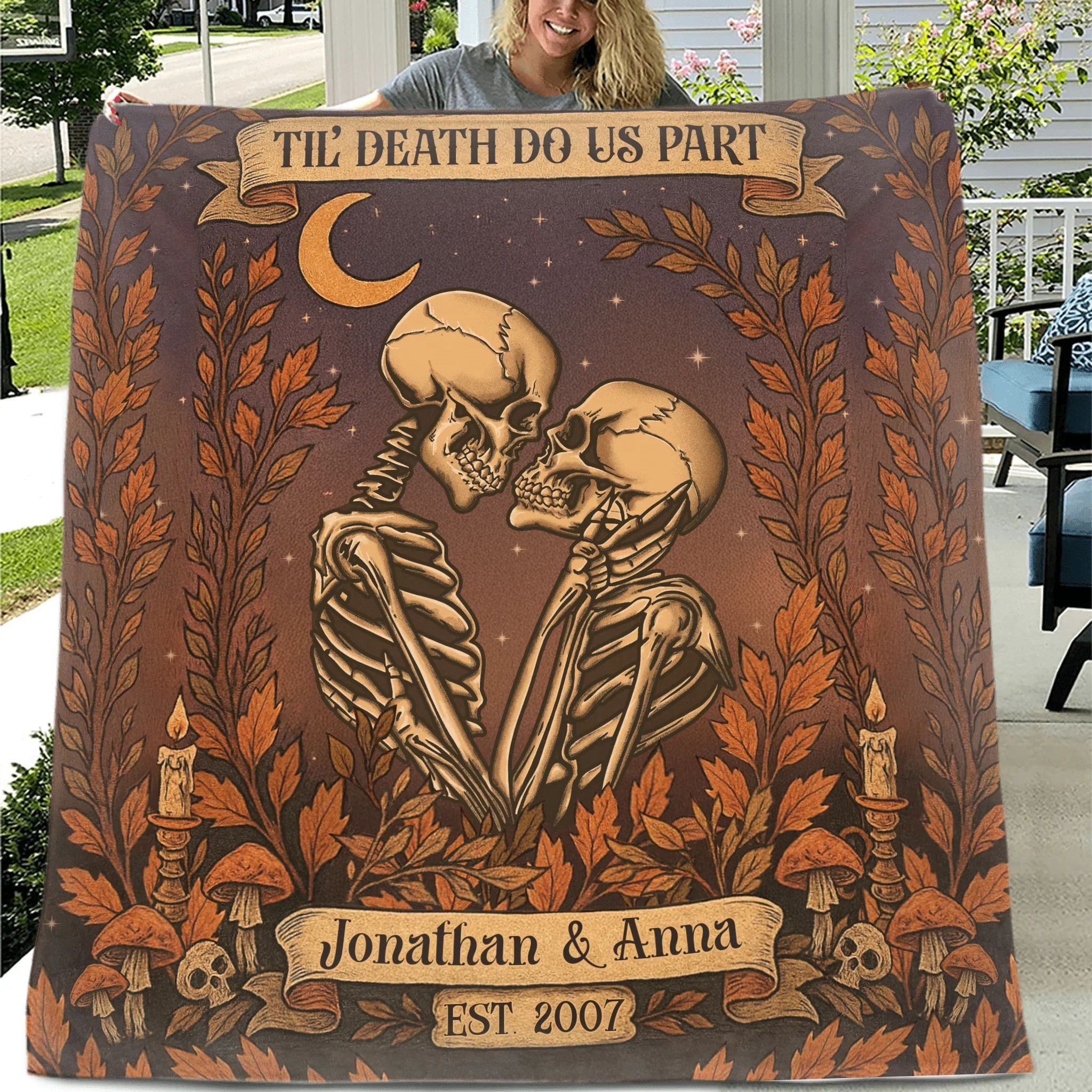 Personalized Skeleton Couple Cottage Quilt/Fleece Throw Blanket - Gift Idea For Couple - Til' Death Do Us Part
