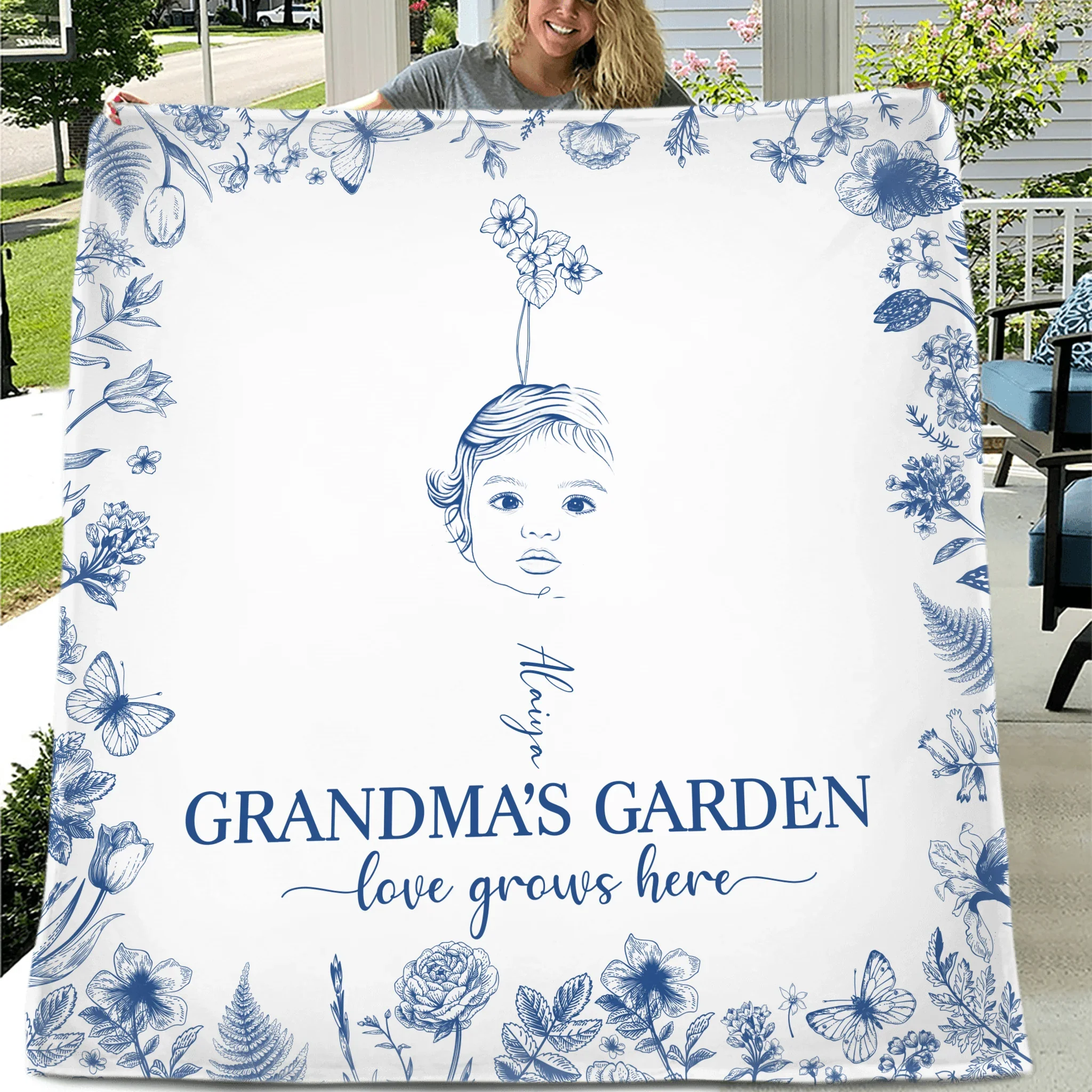 Personalized Grandma's Garden Quilt/Fleece Throw Blanket/Pillow Cover - Custom Side Profile Birthmonth Flower - Up to 6 Kids - Love Grows Here