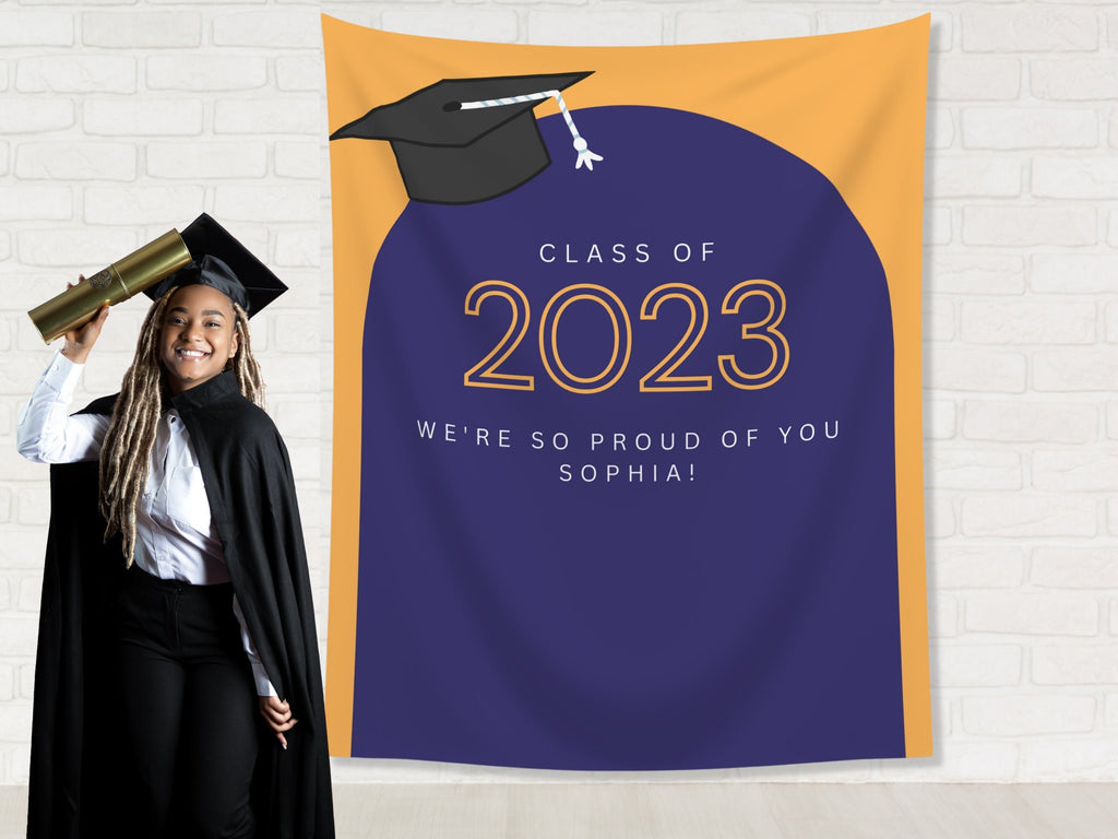 Class of 2026 Grad Cap Arch Custom Graduation Party Backdrop | Personalized Hashtag School Colors Banner | Highschool or College Grad Gift